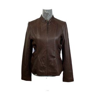 Tahari Lamb Leather Jacket Size Medium Brown Solid EUC Womens Career Work Zip